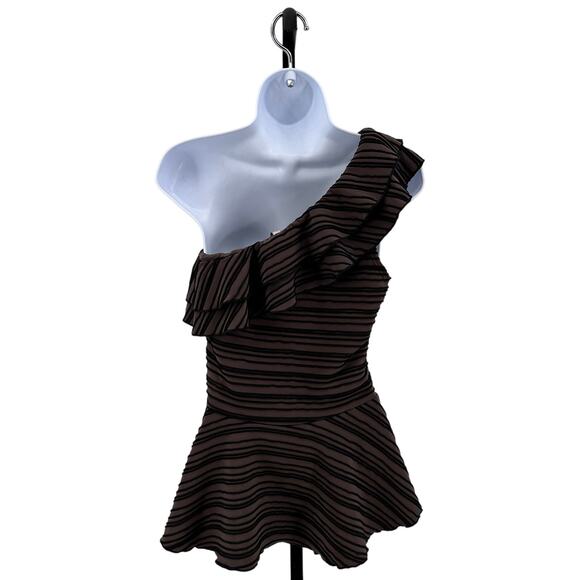 BOA John One Shoulder Blouse Womens L Brown/Black Ruffled Peplum Hem Striped Top - Picture 3 of 6